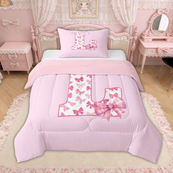 Erosebridal Pink Bow Letter L Twin Comforter Sets for Girls Women, Cute Buffalo Ribbon Bedding Set, Pink Reversible, 2 Pieces