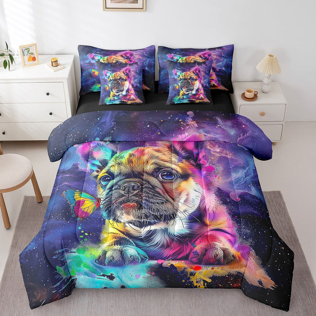 Watercolor Pug Bed in a Bag 7pcs Dog Theme Bedding Set, Navy Blue Purple Twin Size Comforter Set Cute Animal Bedding Comforter Sets , Glitter Stars Galaxy Bed Set