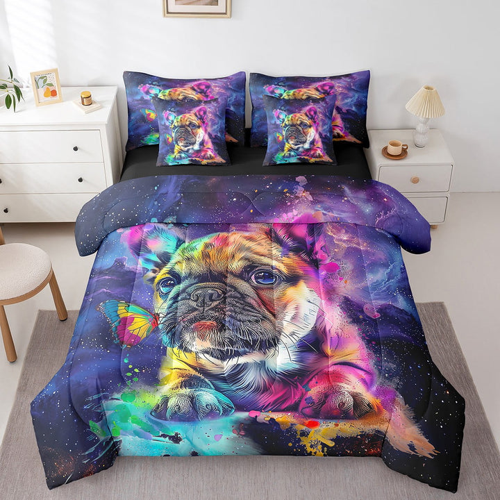 Watercolor Pug Bed in a Bag 7pcs Dog Theme Bedding Set, Navy Blue Purple Twin Size Comforter Set Cute Animal Bedding Comforter Sets , Glitter Stars Galaxy Bed Set