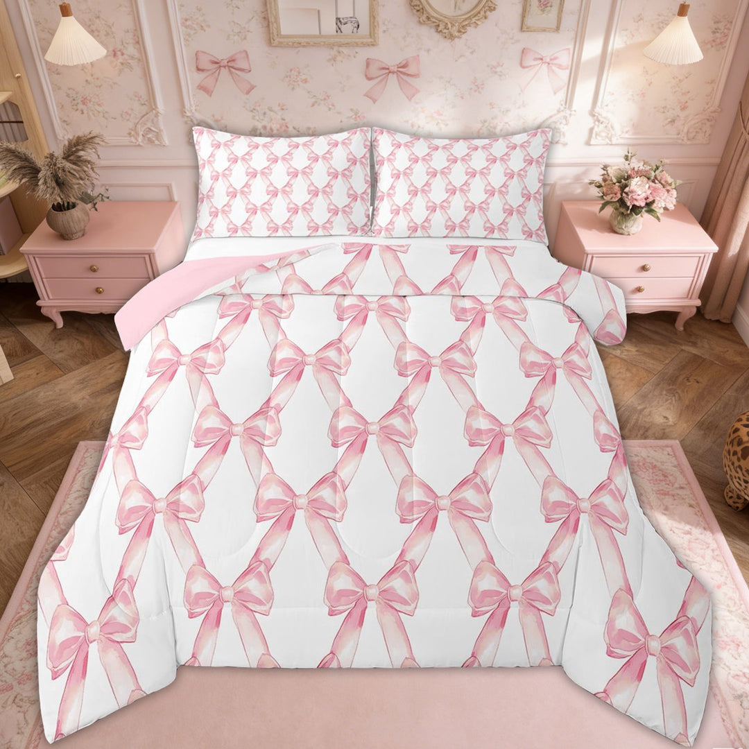Erosebridal Ribbon Bow Bedding Set Teen Women,Pink Girly Bowknot Bedding Comforter Sets Queen Cute Fantasy Princess Comforter Set Kawaii Bow Tie Bed Duvet Set 2 Pillow Cases