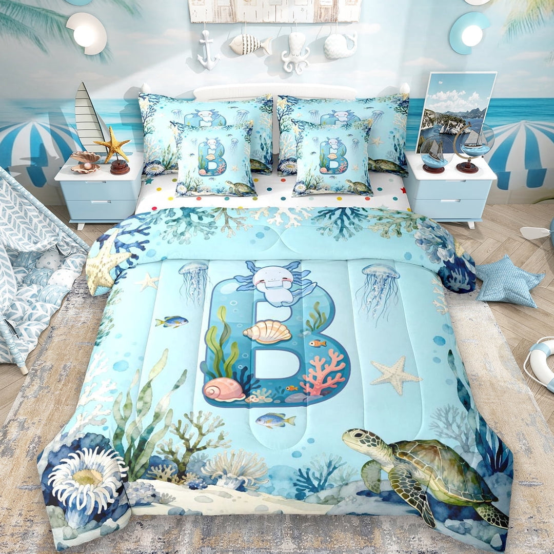 Erosebridal Watercolor Coral Jellyfish 7-Piece Twin Bedding Sets For Boys,Sea Wildlife Axolotl Ocean Turtle Bedding Comforter Set For Kids,Initial Letter B Theme,Reversible