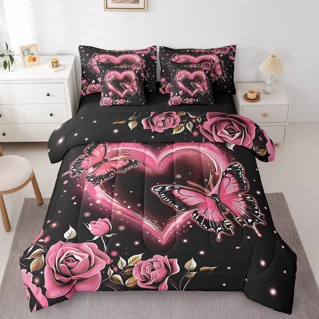 Erosebridal Romantic Anniversary Gifts Bed in a Bag Queen size 7 Pieces, Pink Rose Love Heart Print Bed Set
