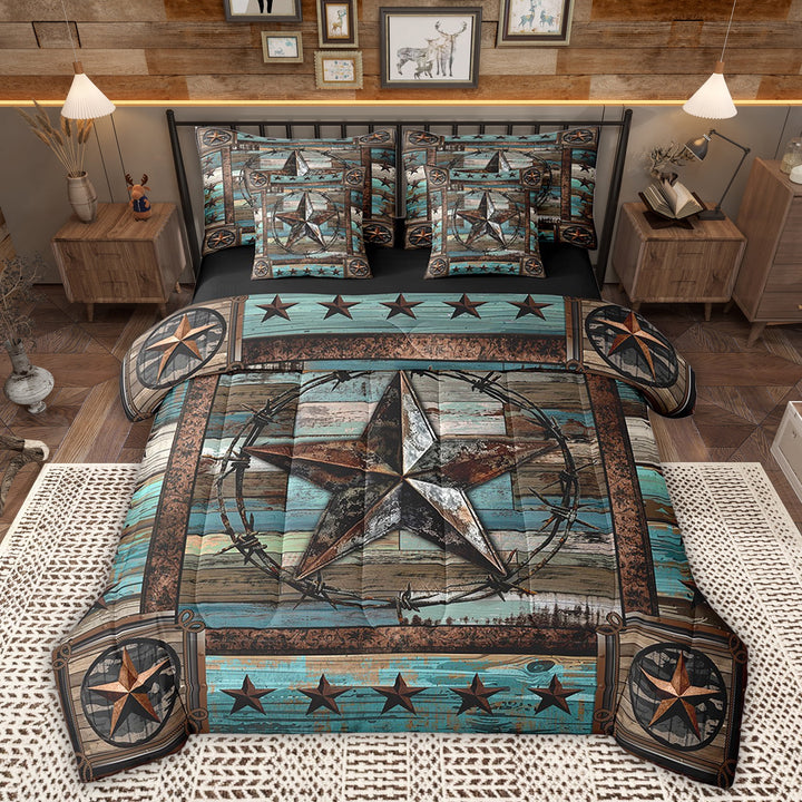 Manfei Old Barn Doon Bedding Twin Size, Texas Stars Bedding Sets Twin Size, Rustic Farmhouse Reversible Comforter Sets with Sheets, Breathable Room Decoration, 7 Pieces