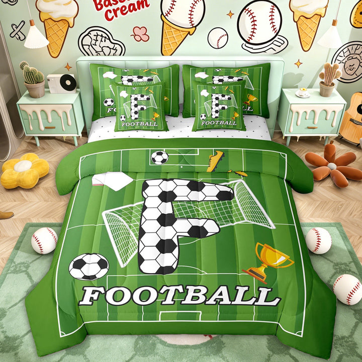 Erosebridal Initial F Kids Twin Bedding Sets, Green Cartoon Soccer Bedding Comforter Set, 7-Piece