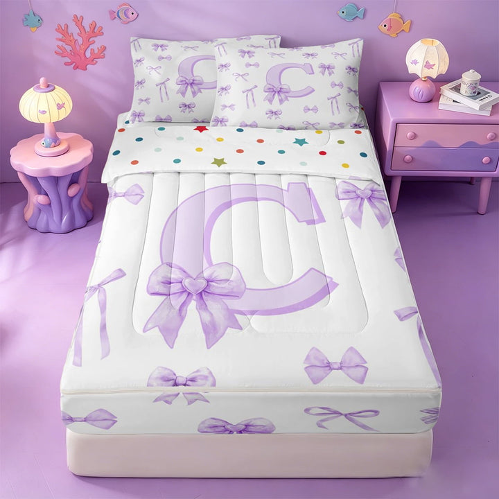 meiyoeat Purple Bow Monogrammed C Zipper Full Size Comforter Sets with Fitted Sheet and 2 Pillowcases,Watercolor Coquette Letter Design Zipper Bedding Set For Girl,Reversible,4-Piece
