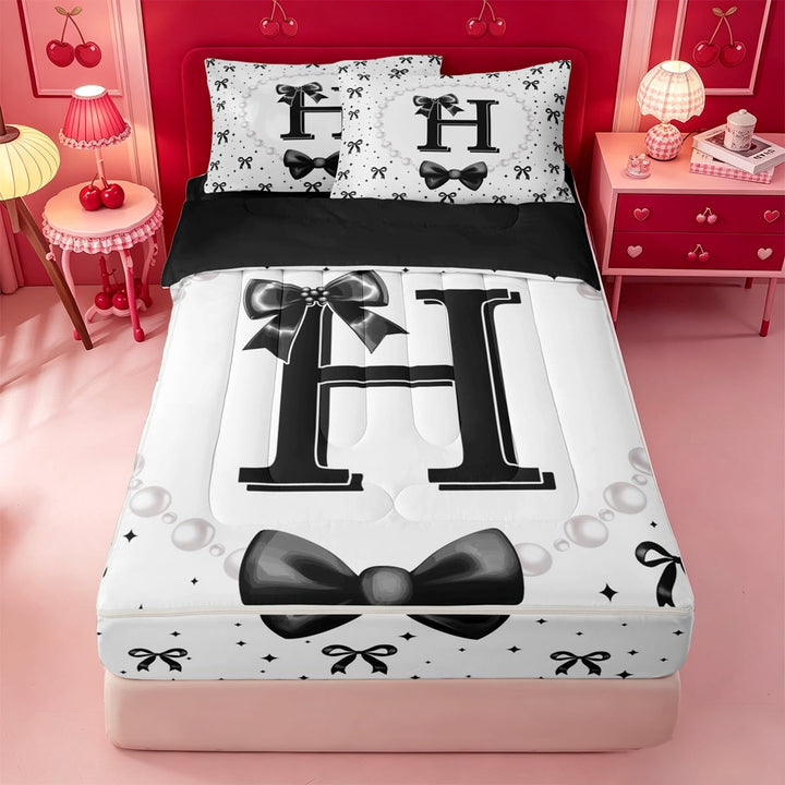 meiyoeat Cute Coquette Bow Zipper Full Size Comforter Sets with Fitted Sheet and 2 Pillowcases For Kids,Black Ribbon Bowtie Initial Letter H Zipper Bedding Set,Black Reversible,4 Pieces