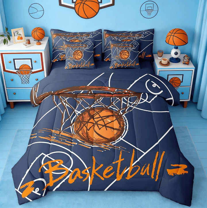 Manfei Basketball Lover Bedding Twin Size,Ball Sports Gsme Comforter Sets with Sheets,Blue Orange Bedding Sets Twin Size For Kids Boys,Super Cozy Bedroom Decoration Reversible,7pcs