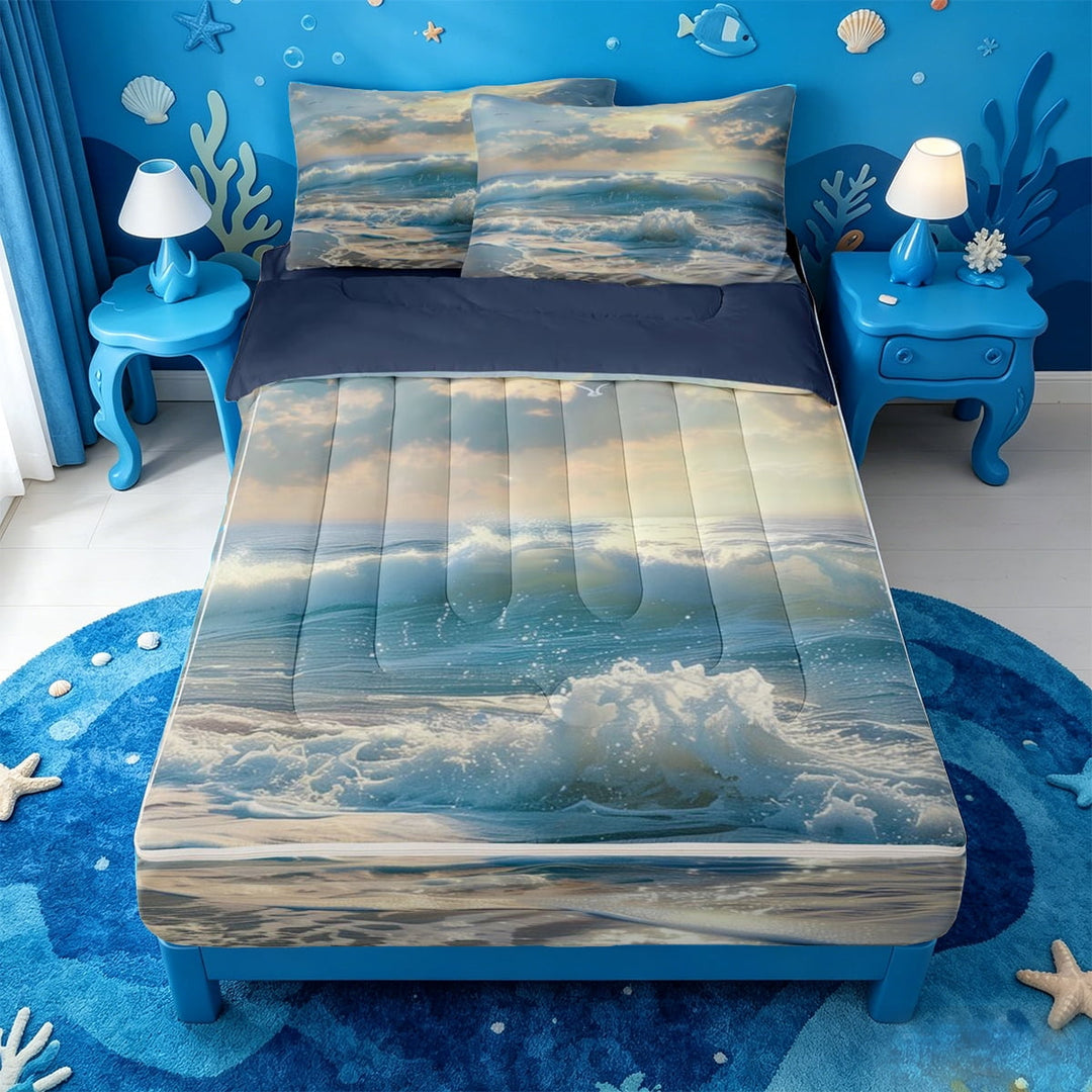 meiyoeat Ocean Waves Zipper Twin Comforter Sets with Fitted Sheet and 2 Pillowcases,Coastal Style Zipper Bedding Set For Girl,Reversible,4-Piece