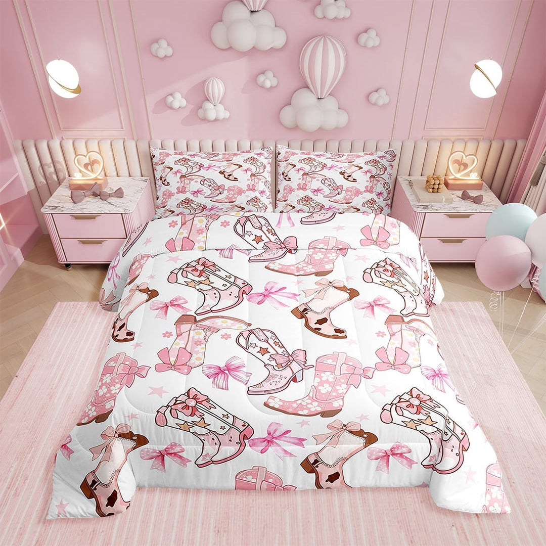 Erosebridal Cowgirl Comforter Set,Western Cowboy Boots Pink Bowknots Bedding Set Twin for Teens Adults Room,Dreamy Fairy Tale Princess Bow Tie Quilt Set,Pink White Duvet Insert 1 Pcs with 1 Pillow