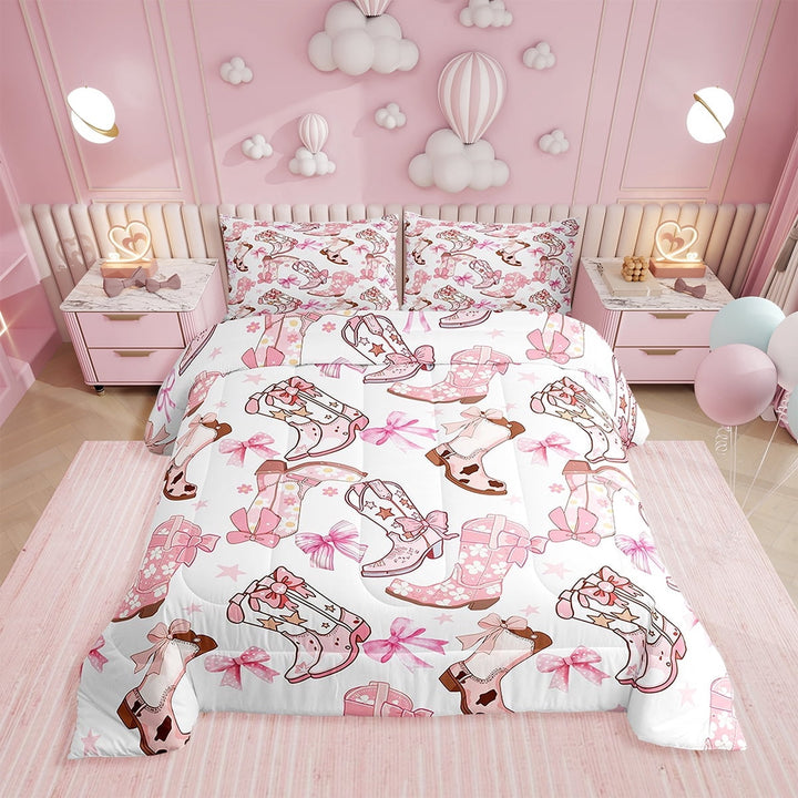 Erosebridal Cowgirl Comforter Set,Western Cowboy Boots Pink Bowknots Bedding Set Twin for Teens Adults Room,Dreamy Fairy Tale Princess Bow Tie Quilt Set,Pink White Duvet Insert 1 Pcs with 1 Pillow