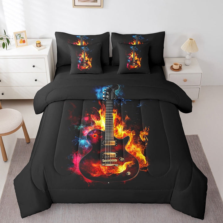 Retro Guitar Bed in a Bag Queen Comforter Set 7 Piece,Multicolor Flame Guitar Bedding Sets Burning Musical Instruments Sheet Set With Comforter,Hip Hop Music Bed Set