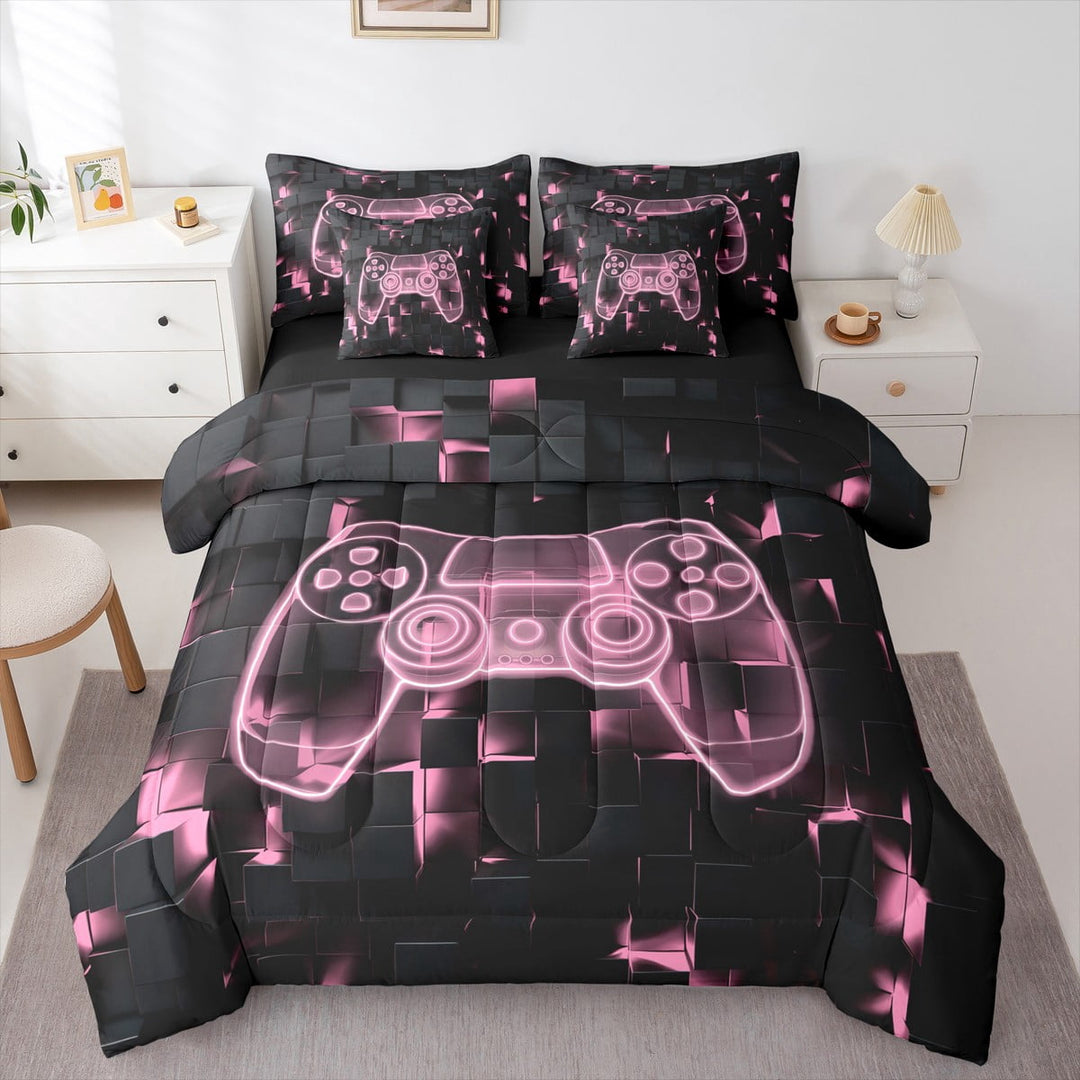 Gaming Comforter Twin , Video Games Fitted Sheet Gamer Decorations For Bedroom, Gamepad Gaming Flat Sheet Neon Geometry Plaid Pillow Cases, Light Pink Black Throw Pillow Covers