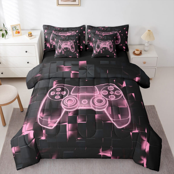 Gaming Comforter Twin , Video Games Fitted Sheet Gamer Decorations For Bedroom, Gamepad Gaming Flat Sheet Neon Geometry Plaid Pillow Cases, Light Pink Black Throw Pillow Covers