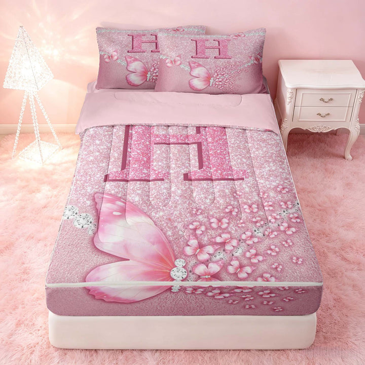 meiyoeat Pink Glitter Butterfly Monogrammed H Zipper Twin Comforter Sets with Fitted Sheet and 2 Pillowcases for Girls, Sparkle Floral Initial Letter Zipper Bedding Set, Pink Reversible