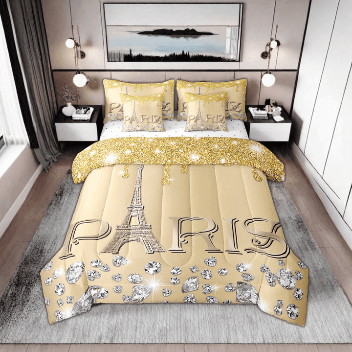 Erosebridal Paris Comforter Sets King for Women 7 Piece,Girly Glitter Eiffel Tower Bedding Set Valentine&