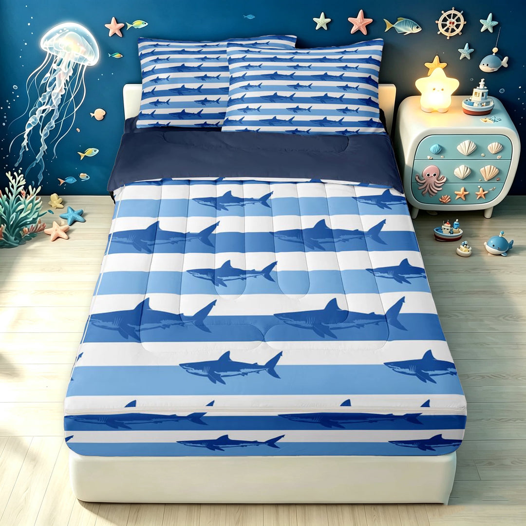 meiyoeat Blue Stripe Ocean Shark Silhouette Zipper Full Size Comforter Sets with Fitted Sheet and 2 Pillowcases for Men Women, Coastal Sea Wildlife Zipper Bedding Set, Blue Reversible, 4pcs