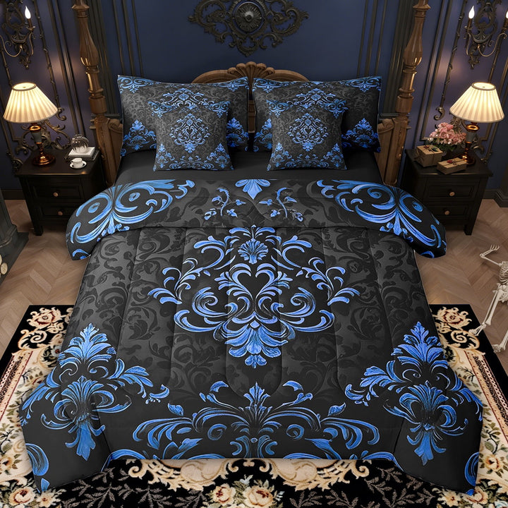 Manfei Blue Baroque Damask 7-Piece Bedding Sets Full Size, Hippie Flower Floral Comforter Sets with Sheets, Vintage Victorian Bedding Accessories, Breathable Bedroom Decorative