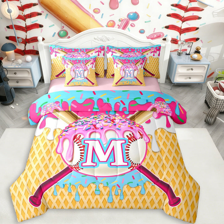 Erosebridal Ice Cream Drip Dessert Boy Twin Bedding Sets 7-Piece,Teens Sport Baseball Letter Monogrammed M Bedding Comforter Set,Pink Reversible