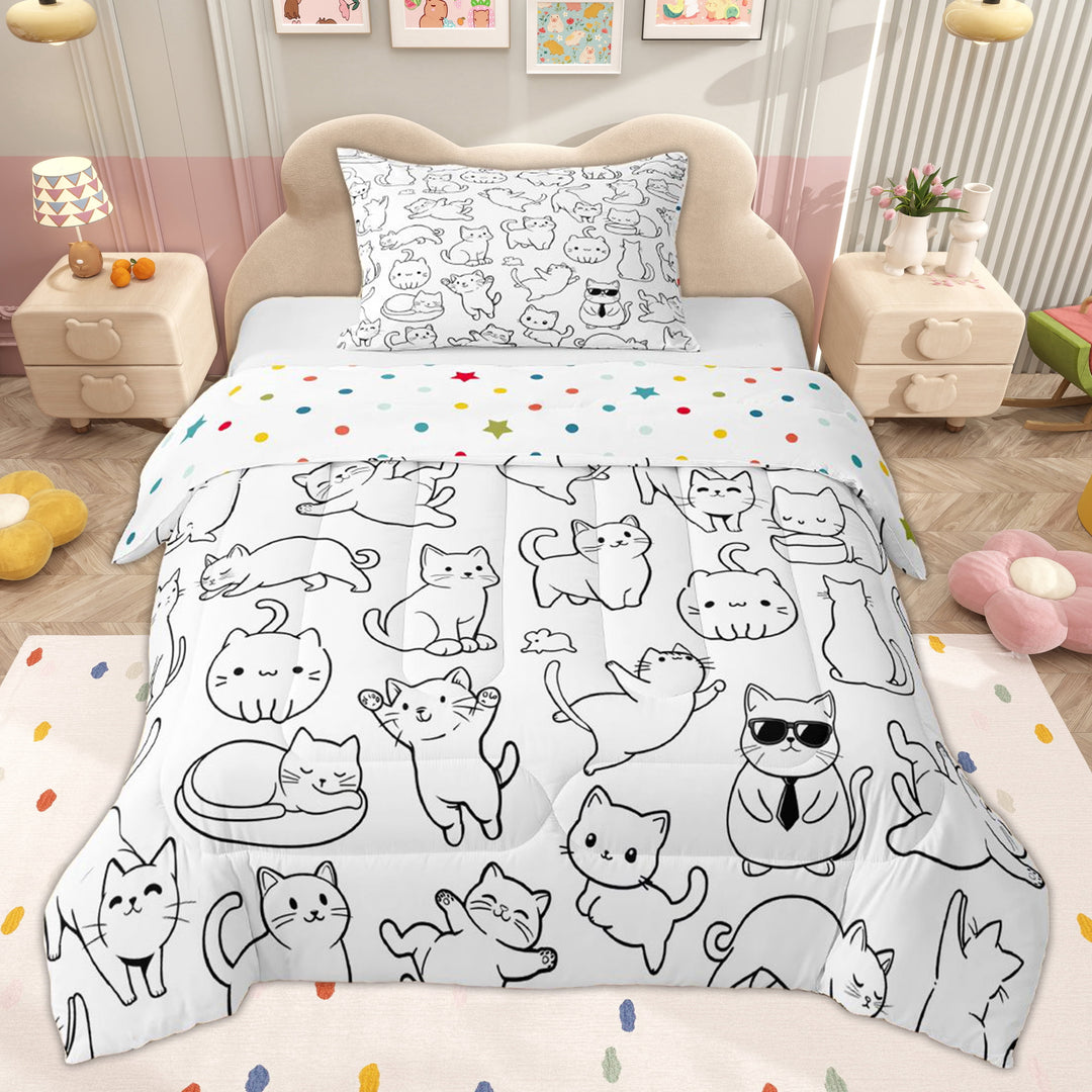 Erosebridal White Cartoon Cat Twin Comforter Sets for Kids, Animals Lover Bedding Set, 2 Pieces