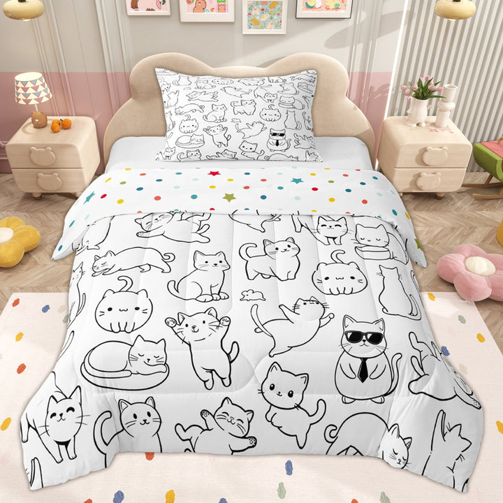 Erosebridal White Cartoon Cat Twin Comforter Sets for Kids, Animals Lover Bedding Set, 2 Pieces