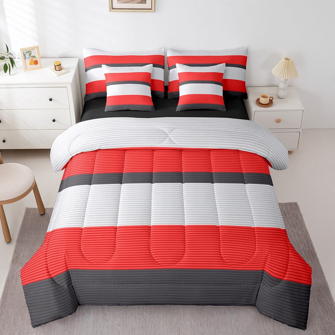 Erosebridal Geometric Stripes Bedding Sets Twin Size,Grey Red Comforter Sets with Sheets,Abstract Artwork Bed in a Bag Twin size,Breathable Lines Room Decoration,Reversible,7pcs