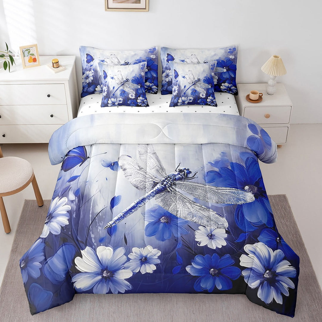 Dragonfly Bed in a Bag Twin 7 Piece Comforter Set Daisy Flowers Bedding Sets,Navy Blue Ombre Oil Painting Sheet Set with Comforter Graffiti Art Rustic Animals Butterfly Bohemian Decor