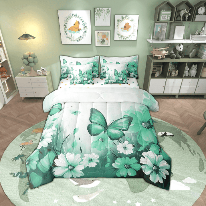 Butterfly Flowers 7 Piece Comforter Set Full Bed in a Bag,Green Ombre Art Oil Painting Floral Bedding Sets Rustic Aesthetic Animal Daisy Flower Sheet Set with Comforter