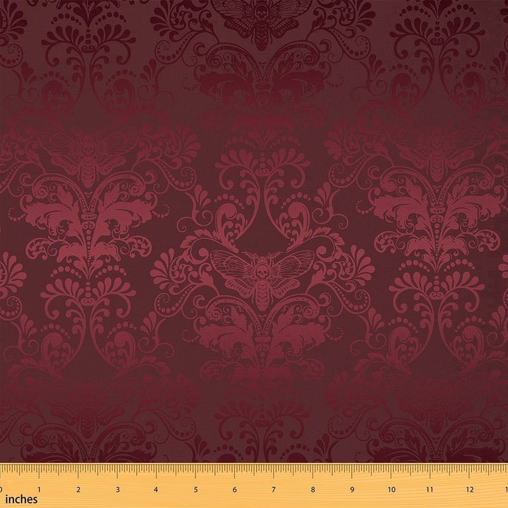 Erosebridal Red Damask Fabric By The Yard,Gothic Moth Damask Upholstery Fabric for Man,Boho Exotic Skull Decorative Fabric,Vintage Floral Print Indoor Outdoor Fabric,Red Grey,10 Yards