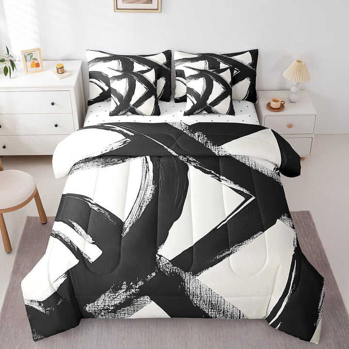 Erosebridal Black Splashing Ink Bed in a Bag Twin Size,Abstract Geometric Stripes Bed Set,Modern Desgin Bedding Twin Size,Ultra Soft Bedroom Decor Reversible,7 Pieces