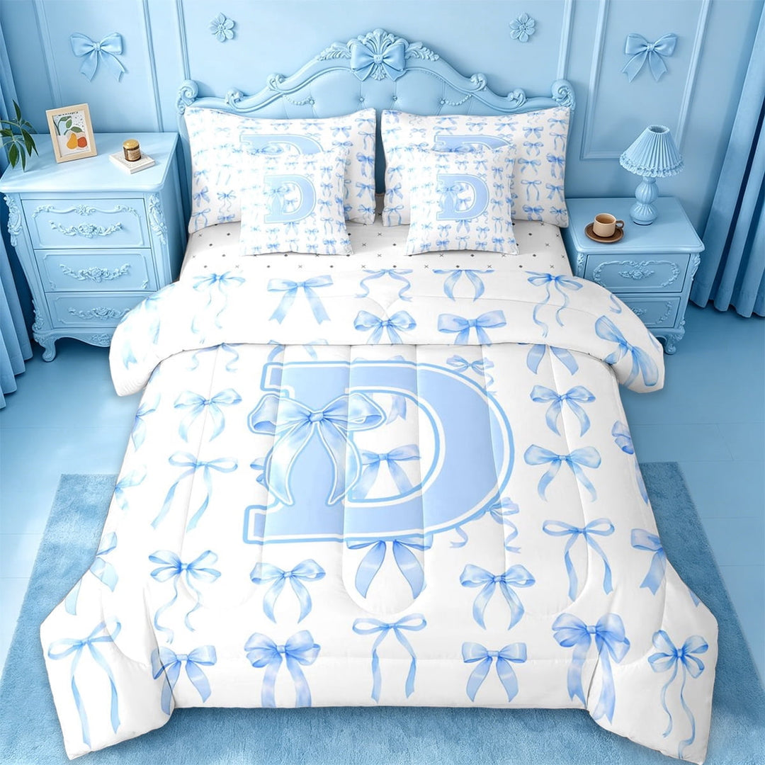 Manfei Kawaii Blue Bow 7 Pieces Bedding Comforter Set For Girls,Dreamy Letter D Personalized Initial Full Bedding Set For Kids,Reversible