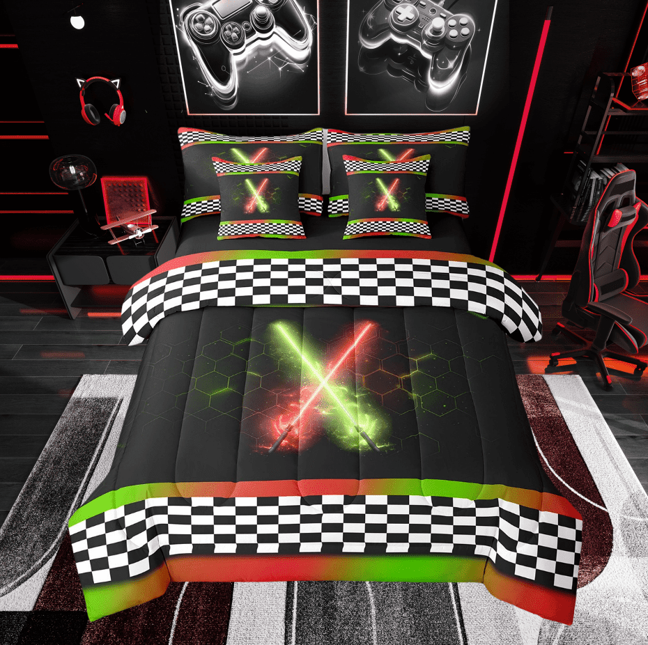 Erosebridal Neon Lightning Bedding Sets Twin Size, Honeycomb Geometry Comforter Sets with Sheets, Sports Decor, Reversible 7-Piece