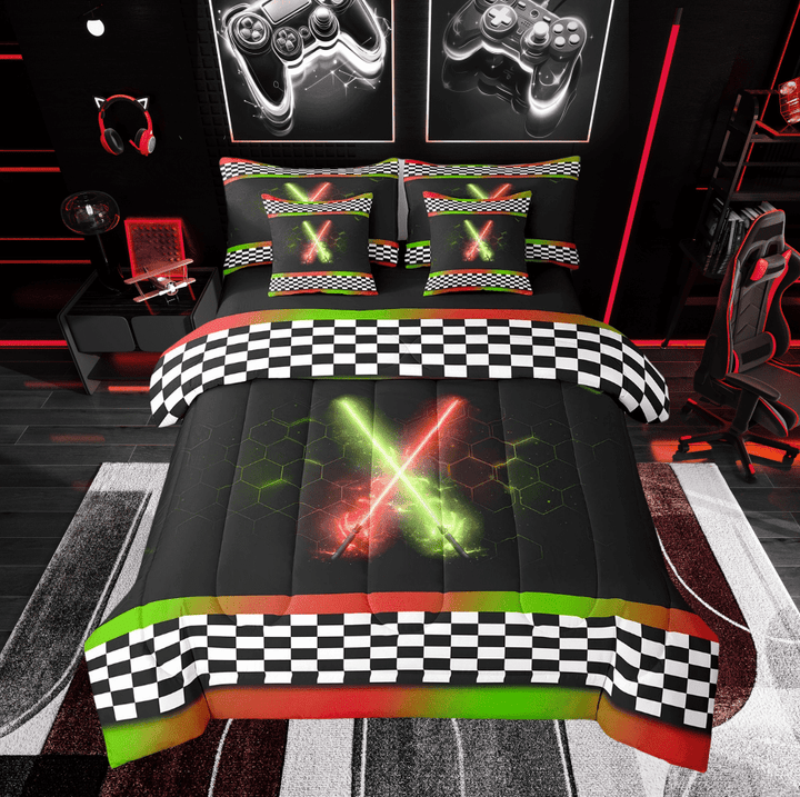 Erosebridal Neon Lightning Bedding Sets Twin Size, Honeycomb Geometry Comforter Sets with Sheets, Sports Decor, Reversible 7-Piece