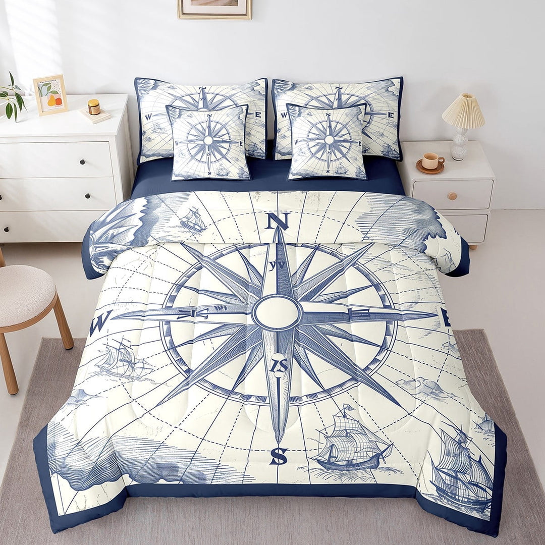 Erosebridal Marine Compass Bed In A Bag King Size,Nautical Boat Bedding Sets King Size,Ocean Theme Decor,Reversible,Super Cozy,7 Pieces