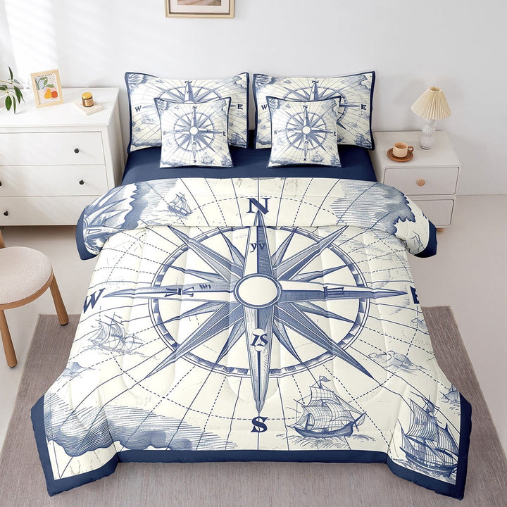 Erosebridal Marine Compass Bed In A Bag King Size,Nautical Boat Bedding Sets King Size,Ocean Theme Decor,Reversible,Super Cozy,7 Pieces
