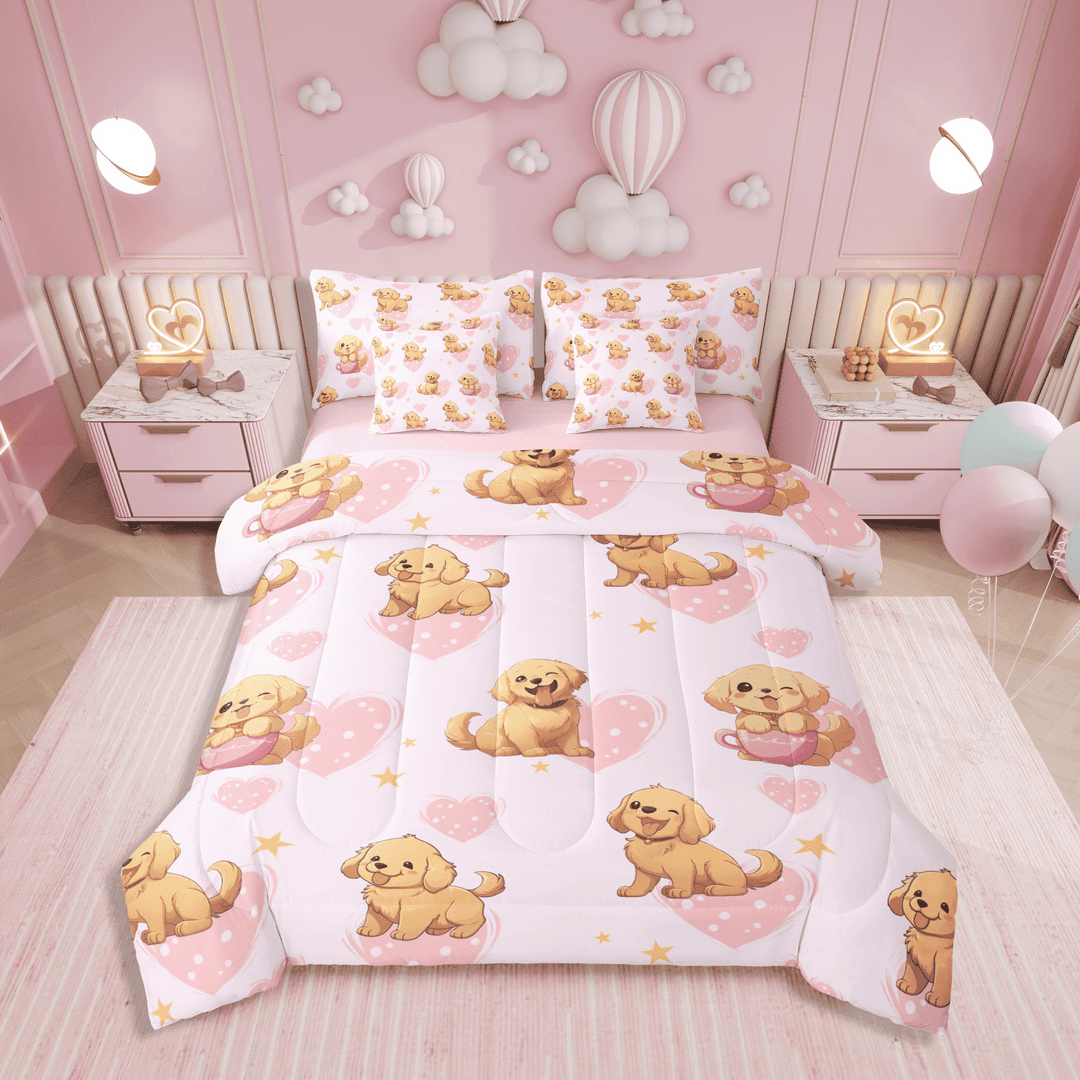 Erosebridal Brown Dogs 7-Piece Twin Bedding Sets For Children,Kawaii Animal Bedding Comforter Set,Pink Love Heart Sheet Sets
