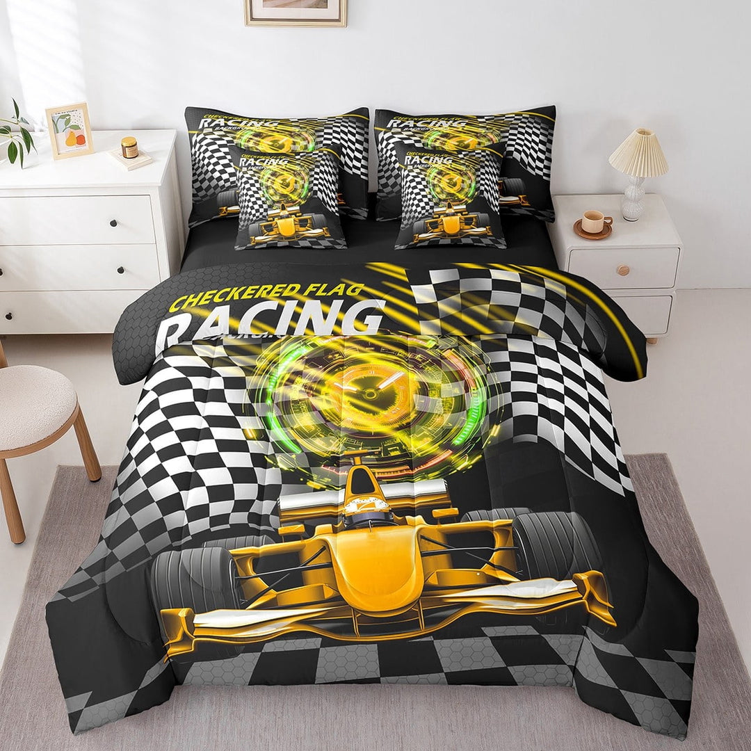 Erosebridal Sport Car Bedding Sets Twin Size,Buffalo Plaid Comforter Sets with Sheets,Extreme Sport Bed in a Bag Twin size,Microfiber Car Room Decorative,Reversible,7pcs