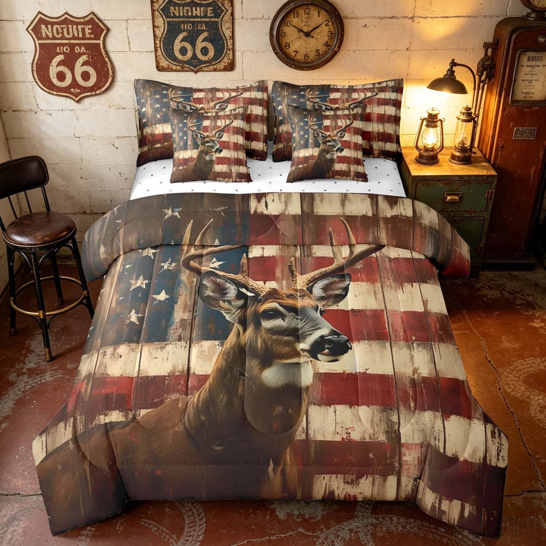 Manfei Hunting Deer King Bedding, Vintage American Flag King Bed in a Bag, Red Blue Brown, Reversible 7 Pieces