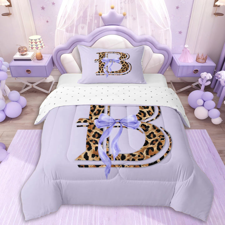 Erosebridal Purple Bowknot Letter Monogrammed B Twin Comforter Sets 3-Piece For Girls,Teens Animal Leopard Print Bedding Set,Luxury Bedroom Decor