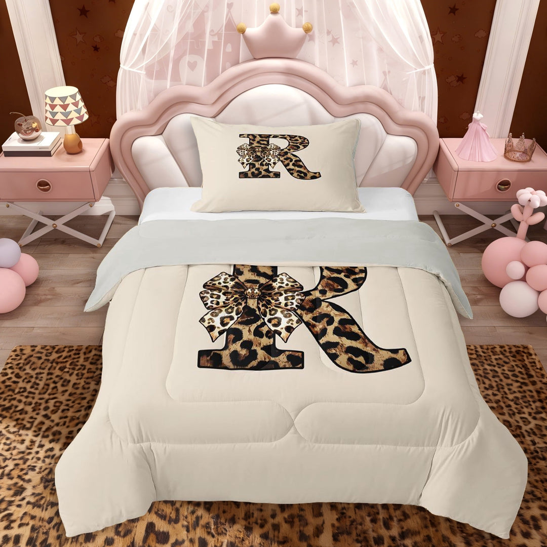 Erosebridal Black Brown Cheetah Print Bowknot Twin Comforter Sets 3-Piece For Girls,Teens Boys Letter Monogrammed R Bedding Set,Grey Reversible