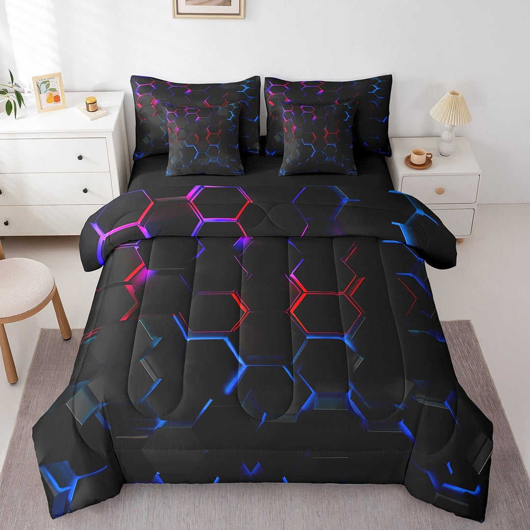 3D Honeycomb Comforter Set Twin 7 Pcs Black Red Blue Abstract Geometric Bed in a bag For Teen Stereoscopic Hexagon Beehive Bedding Set Geometry Hexagonal Bed Set