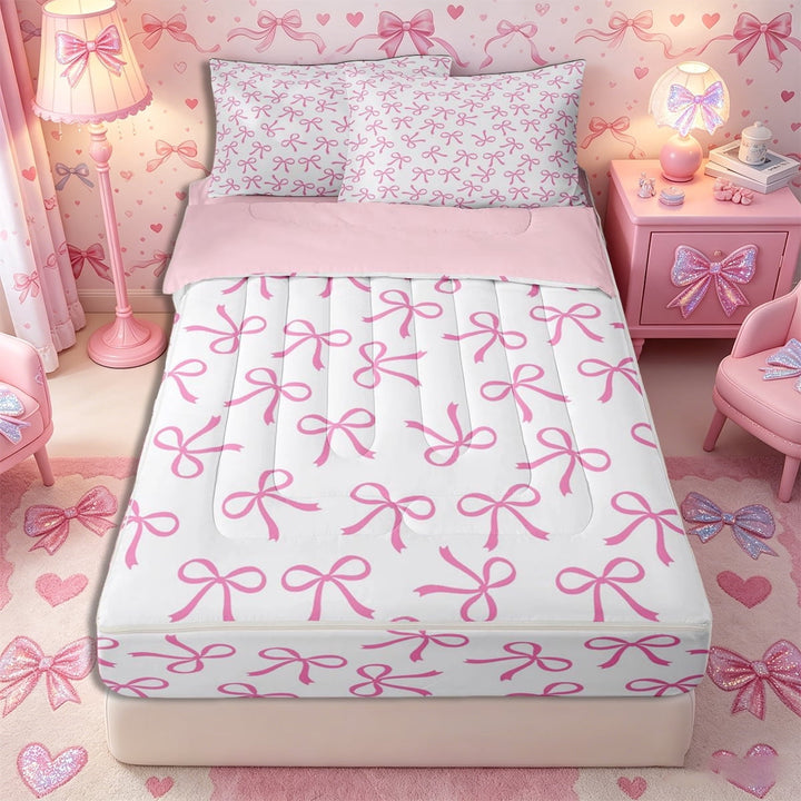 Meiyoeat Delicate Pink Bow Zipper Twin Comforter Sets with Fitted Sheet and 2 Pillowcases, Dreamy Princess Zipper Bedding Set,4-Piece,Pink Reversible