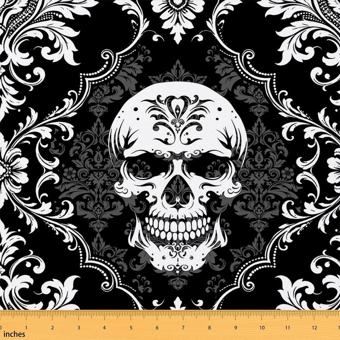 Manfei Bohemian Sugar Skull Fabric by the Yard 3 Yards, Victorian Damask Room Decor Fabric by the Yard, White
