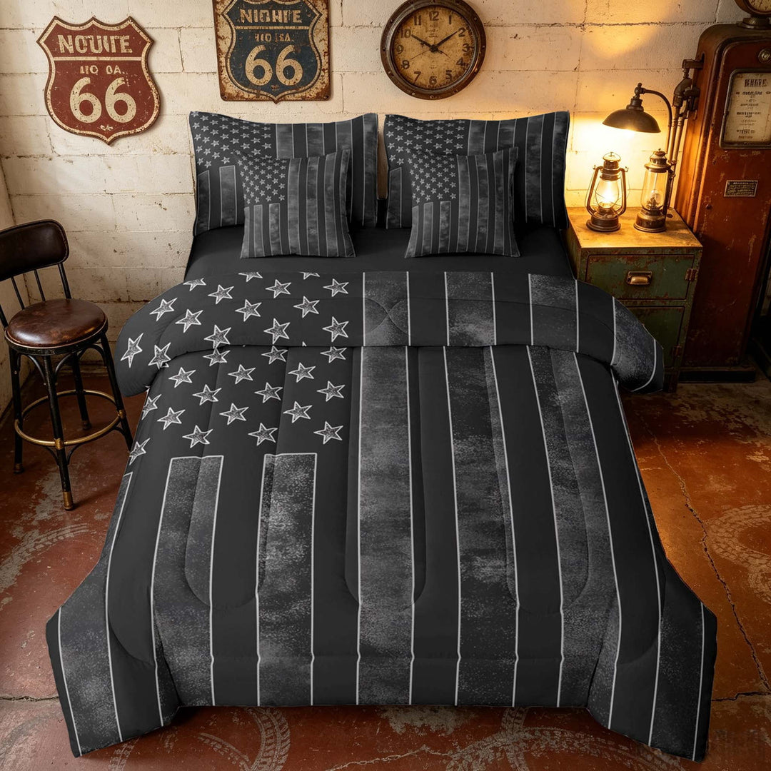 Manfei Grunge Black US Flag Queen Bedding, Star Stripe Bedding Comforter Set Queen, Black Gray White, Black Reversible 7 Pieces