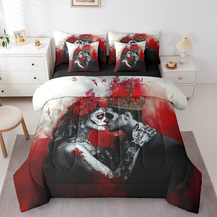 3D Couple Skull Bedding Set King Size,Romantic Gothic Lover Comforter Set,Valentine&