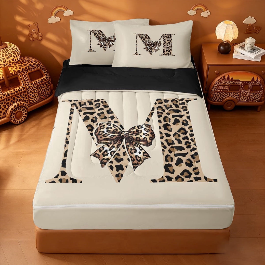 meiyoeat bow Monogram M Print Zipper Full Size Comforter Sets with Fitted Sheet and 2 Pillowcases,Fashion Leopard Print Zipper Bedding Set,Black Reversible,4 Pieces