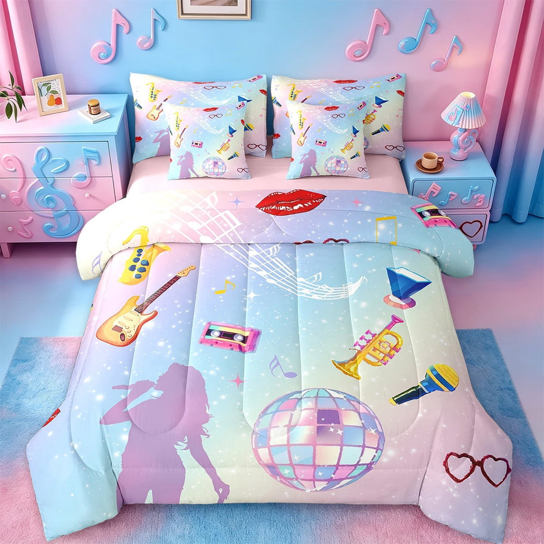 Erosebridal Musical Instrument Guitar Bedding Sets Twin Size,Music Notes Comforter Sets with Sheets,Princess Stars Bed in a Bag Twin Size,Lightweight Room Decorative Reversible,7-Piece