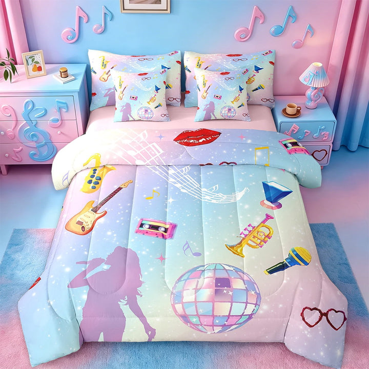 Erosebridal Musical Instrument Guitar Bedding Sets Twin Size,Music Notes Comforter Sets with Sheets,Princess Stars Bed in a Bag Twin Size,Lightweight Room Decorative Reversible,7-Piece