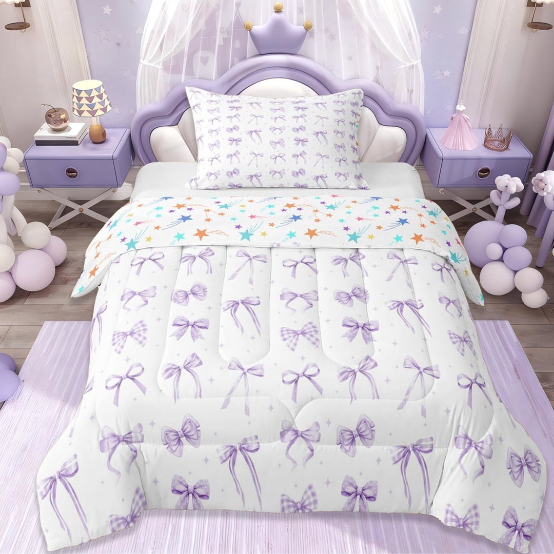 Erosebridal Purple Bowknots Twin Comforter Sets For Girls,Dreamy Princess Bows Bedding Set,Cartoon Stars Pattern, Reversible 2 Pieces