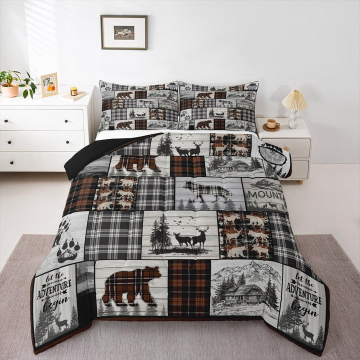 Rustic Cabin Comforter Set Full Size Country Farmhouse Buffalo Plaid Bedding Sets,Woodland Bear Deer Wolf Bed Comforter Hunting Animal Wildlife Quilt Black Brown Grey Camper Car Decor