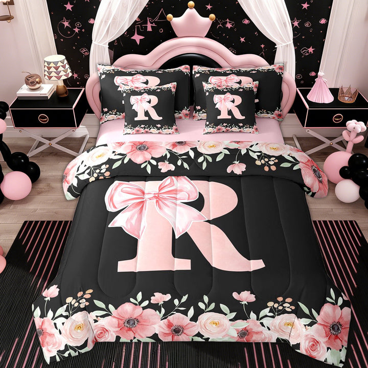 Erosebridal Princess Bow R Twin Bedding Sets 7-Piece, Spring Flower Bedding Comforter Set, Pink Reversible